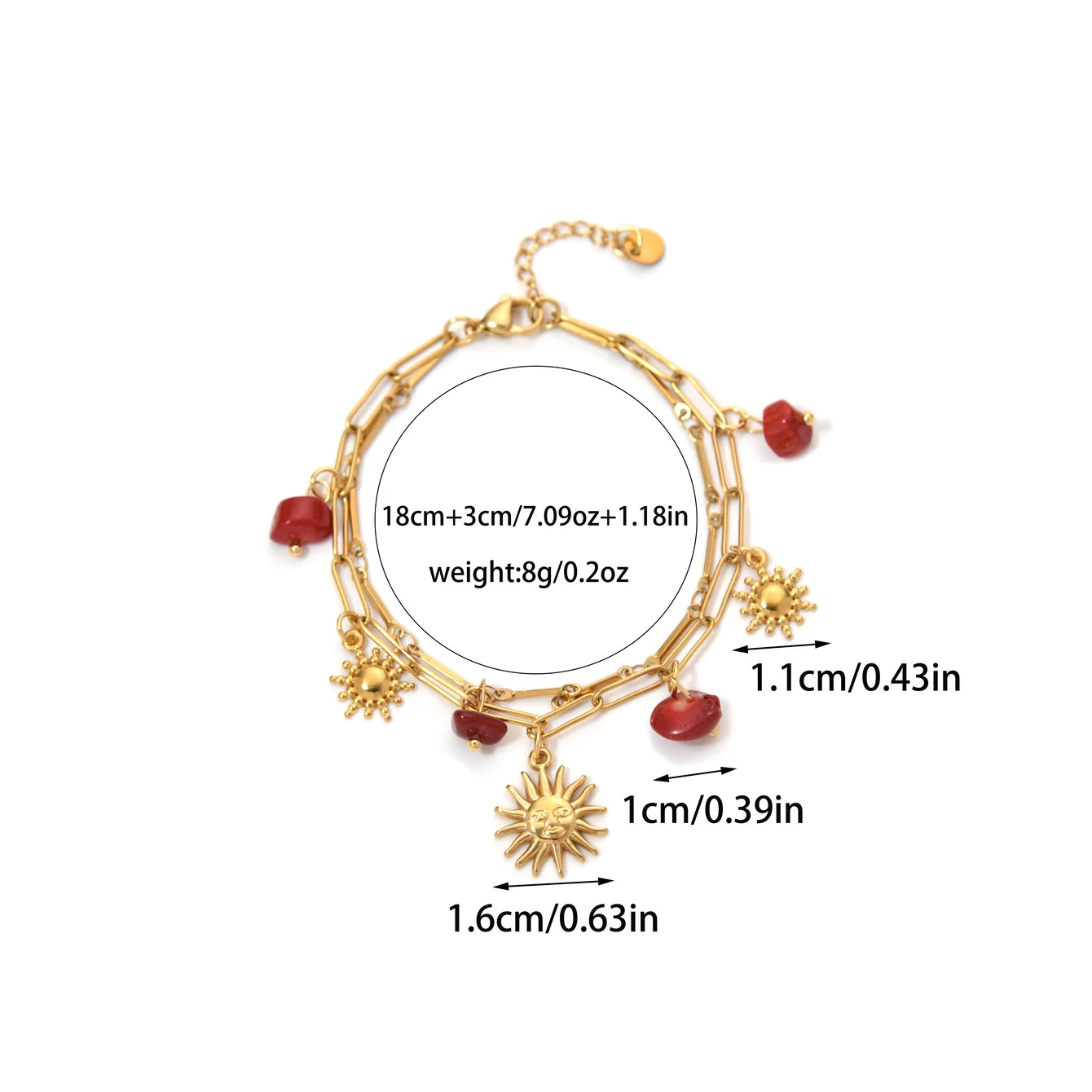 Cute Red Natural Stone Sun Pendant Double Bracelet In Stainless Steel Gold Tone For Women Birthday Gift 💖🌞