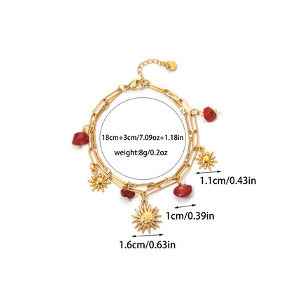 Cute Red Natural Stone Sun Pendant Double Bracelet In Stainless Steel Gold Tone For Women Birthday Gift 💖🌞