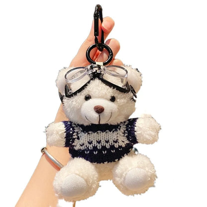 Pilot Bear Keychain With Goggles Plush Pendant Pearl Rope Accessory 🧸🪢