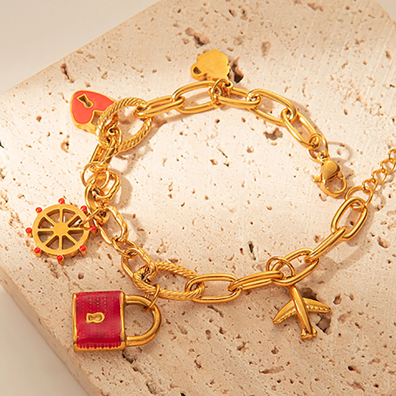 Cute Airplane Rudder Love Lock Bracelet 18K Gold Plated Stainless Steel For Women Gift Idea 💖✨🌸