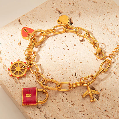Cute Airplane Rudder Love Lock Bracelet 18K Gold Plated Stainless Steel For Women Gift Idea 💖✨🌸
