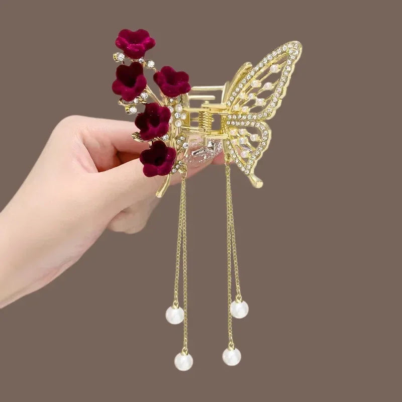 Kawaii Butterfly Pearl Hair Claw 🌸✨ | Cute Red Flower Hairpin for Girls & Women 🎀 | Perfect Festival & Party Accessory!