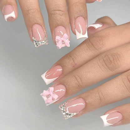 Kawaii 24Pcs Blush Pink Almond Press-On Nails 🌸✨ with 3D Bow Knot Decor - Sweet Glossy Full Cover Tips for Creative Nail Art! 💖💅