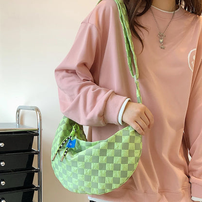 Kawaii Plaid Half Moon Messenger Bag 🌈✨ Cute & Casual Shoulder Bag for Weekend Adventures! 👜💕