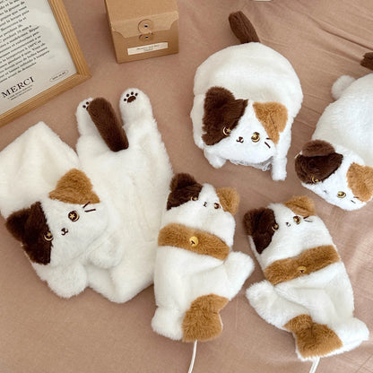 Winter Cute Cat Gloves Scarf Windproof Knee Protector Set Outdoor Warm Small Scarf