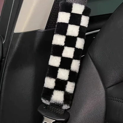 Kawaii Chessboard Grid Seat Belt Covers 🎉🐻 2pcs Cute Cartoon Shoulder Pads for Cozy Car Vibes 🚗✨