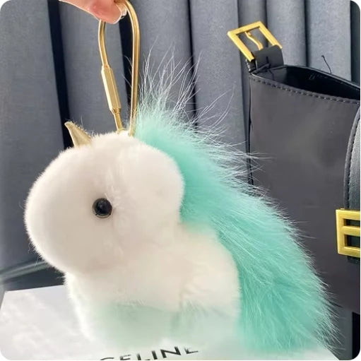 Kawaii Fluffy Unicorn Keychain Charm 🦄✨ Real Rabbit Fur Backpack Clip & Handbag Accessory for Girls & Women