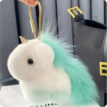 Kawaii Fluffy Unicorn Keychain Charm 🦄✨ Real Rabbit Fur Backpack Clip & Handbag Accessory for Girls & Women