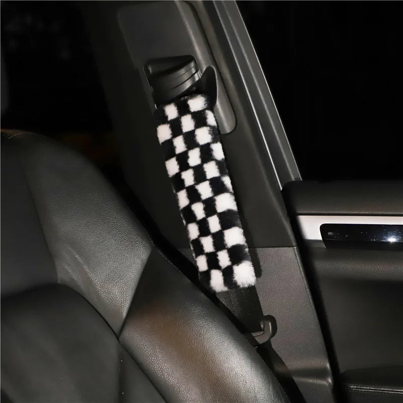 Kawaii Chessboard Grid Seat Belt Covers 🎉🐻 2pcs Cute Cartoon Shoulder Pads for Cozy Car Vibes 🚗✨