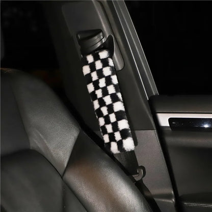 Kawaii Chessboard Grid Seat Belt Covers 🎉🐻 2pcs Cute Cartoon Shoulder Pads for Cozy Car Vibes 🚗✨