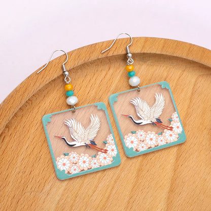 Transparent Square Acrylic Earrings With Crane Flower Design Geometric Drop 🌸