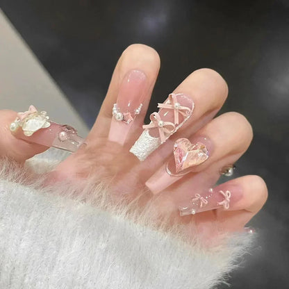 Kawaii Shimmering 10Pcs Handmade Press-On Nails ✨💖 Bowknot Design Coffin Style - Cute & Elegant Full Cover Nail Tips!