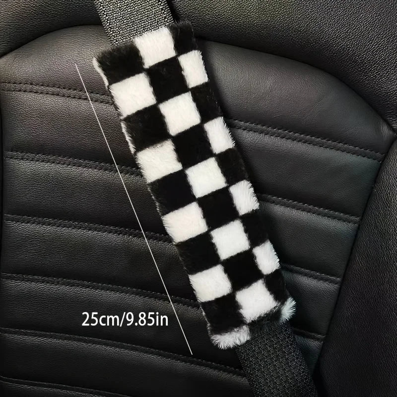 Kawaii Chessboard Grid Seat Belt Covers 🎉🐻 2pcs Cute Cartoon Shoulder Pads for Cozy Car Vibes 🚗✨
