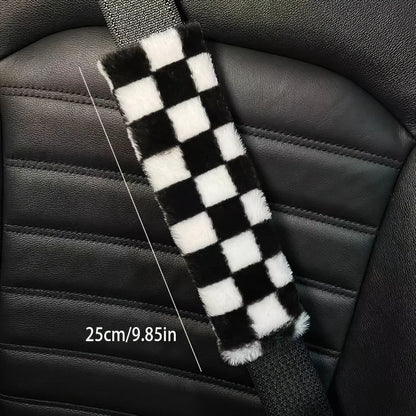 Kawaii Chessboard Grid Seat Belt Covers 🎉🐻 2pcs Cute Cartoon Shoulder Pads for Cozy Car Vibes 🚗✨