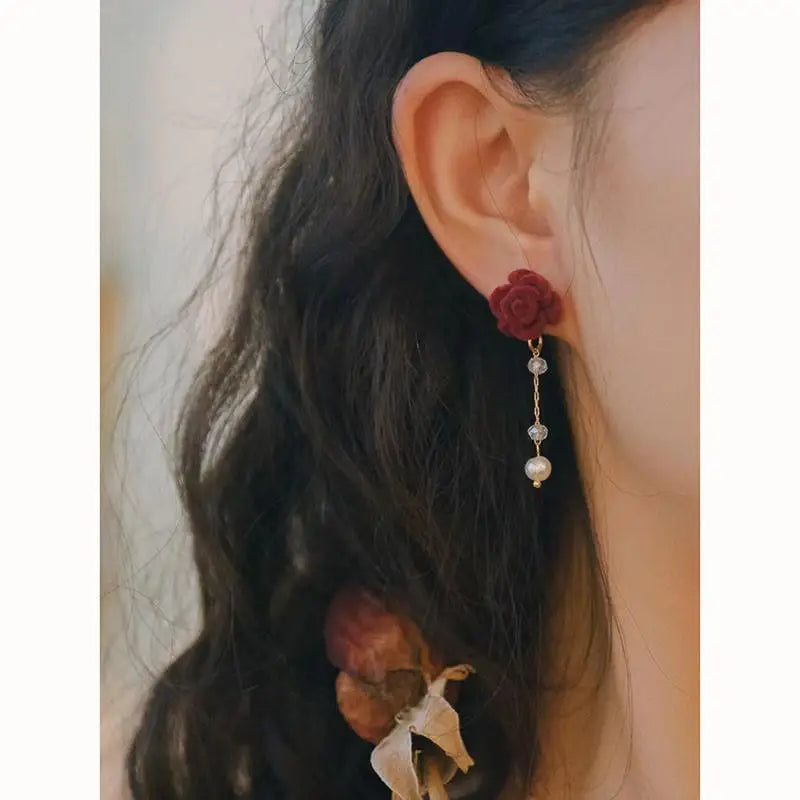 Charming Wine Red Bow Pearl Tassel Earrings 🎀🌟 | Kawaii 2024 Bridal Jewelry ✨