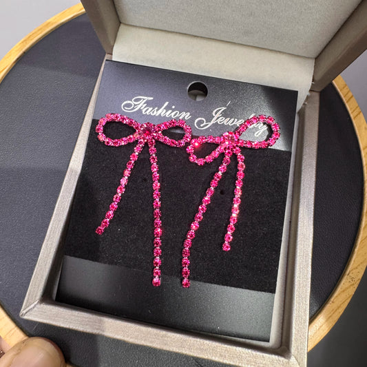 Kawaii Charm ✨ Colorful Rhinestone Bow Dangle Earrings with Long Tassels 🌈 Cute Sparkly Jewelry for Women