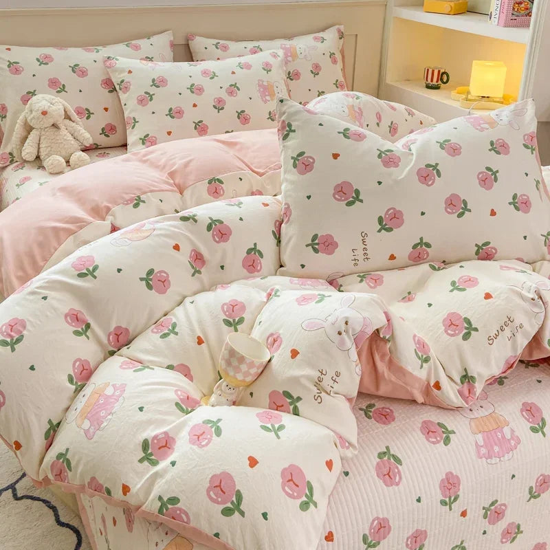 Cute Cat & Floral Duvet Cover Set 🌸🐱 | Adorable Bedding for Girls & Kids!