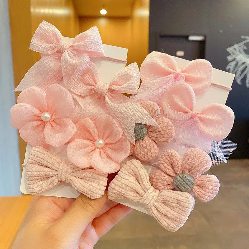 Kawaii 10-Piece Floral Bow Hairbands 🌸✨ | Adorable Elastic Hair Ties for Girls 🎀💕 | Stylish Kids' Headwear Accessories