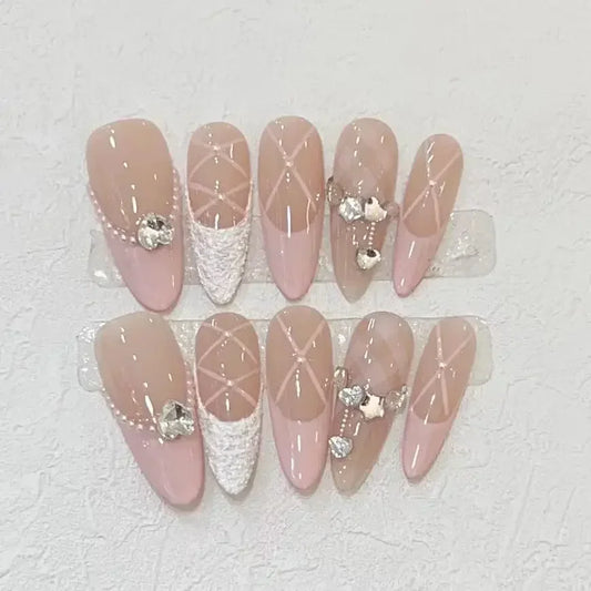 Kawaii 10-Piece Rhinestone Almond Press-On Nails ✨💅 | Handmade Acrylic Nail Art Set for Adorable Looks! 🌟