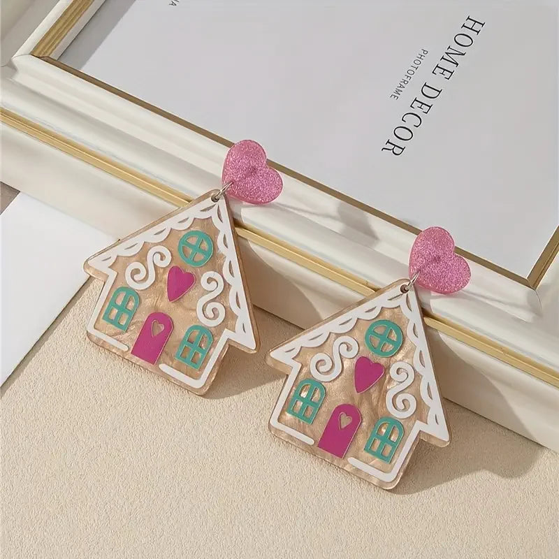 Pair Gingerbread House Earrings Acrylic Cute Hearts Pink Teal Christmas 🎄💗