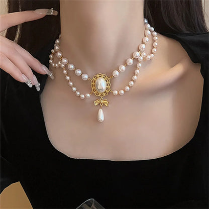 Kawaii Double White Pearl Heart Choker 💖✨ | Adorable Vintage Necklace with Bowknot Pendant for Weddings & Parties!