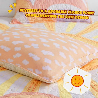 🌈 Sunny Smiles Reversible Quilt Set ☁️ | Adorable Cotton Bedding for Kids 🛏️✨