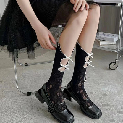 Kave Black Japanese Style Lolita Knee High Socks For Women With Delicate Lace Bow Detail 🧦🎀 Sweet And Playful Look