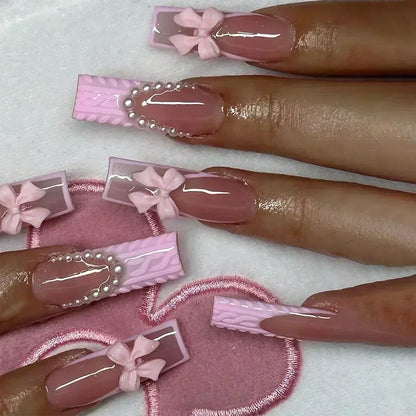 Kawaii Love Pattern Coffin Nails 🎀✨ | 24Pcs Brown French Full Cover Press-On Tips 💅💕