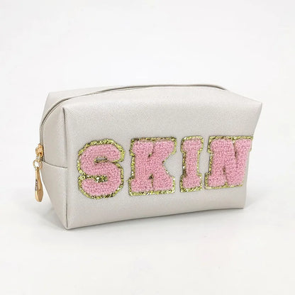 Kawaii Chenille Letter Waterproof Makeup Pouch ✨👜 Cute PU Leather Toiletry Bag for Travel 🌈💖