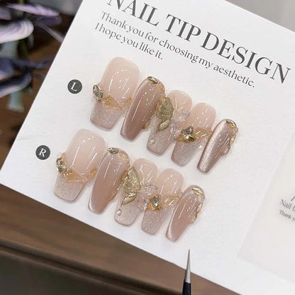 Kawaii 10-Piece Pink Coffin Press-On Nails with 3D Rhinestones & Butterfly Design 🦋💖✨ - Reusable & Easy to Apply!