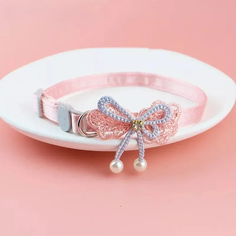 ✨ Cute Pink Lace Bow & Bead Cat Choker with Bell 🐾 Perfect Pet Accessory! 💖