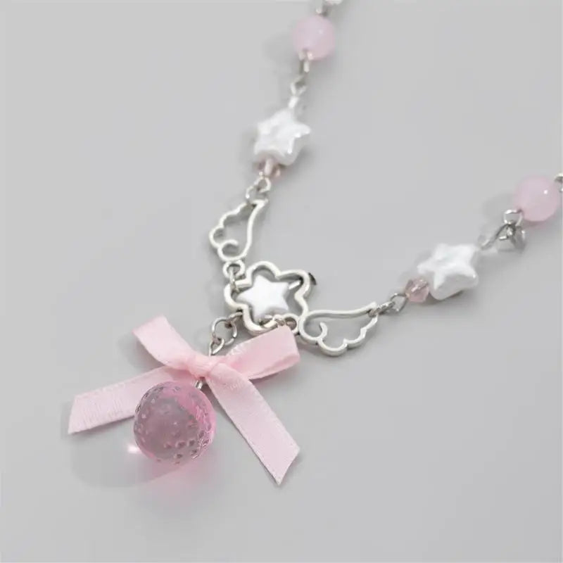 White Pentagram Strawberry Choker Necklace With Bowknot Charm 🍓🎀