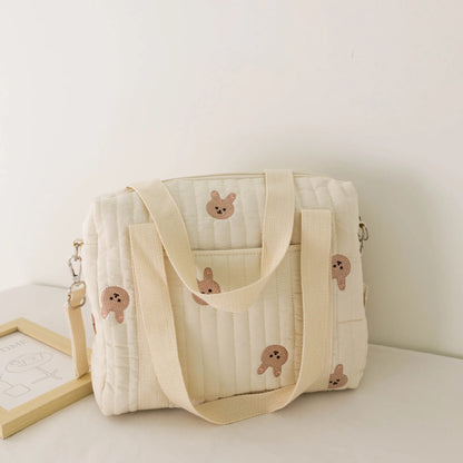 Kawaii Bear Embroidered Baby Diaper Bag 🐻💕 | Stylish Quilted Mummy Messenger Bag for Newborn Care & Stroller Storage 🌈✨
