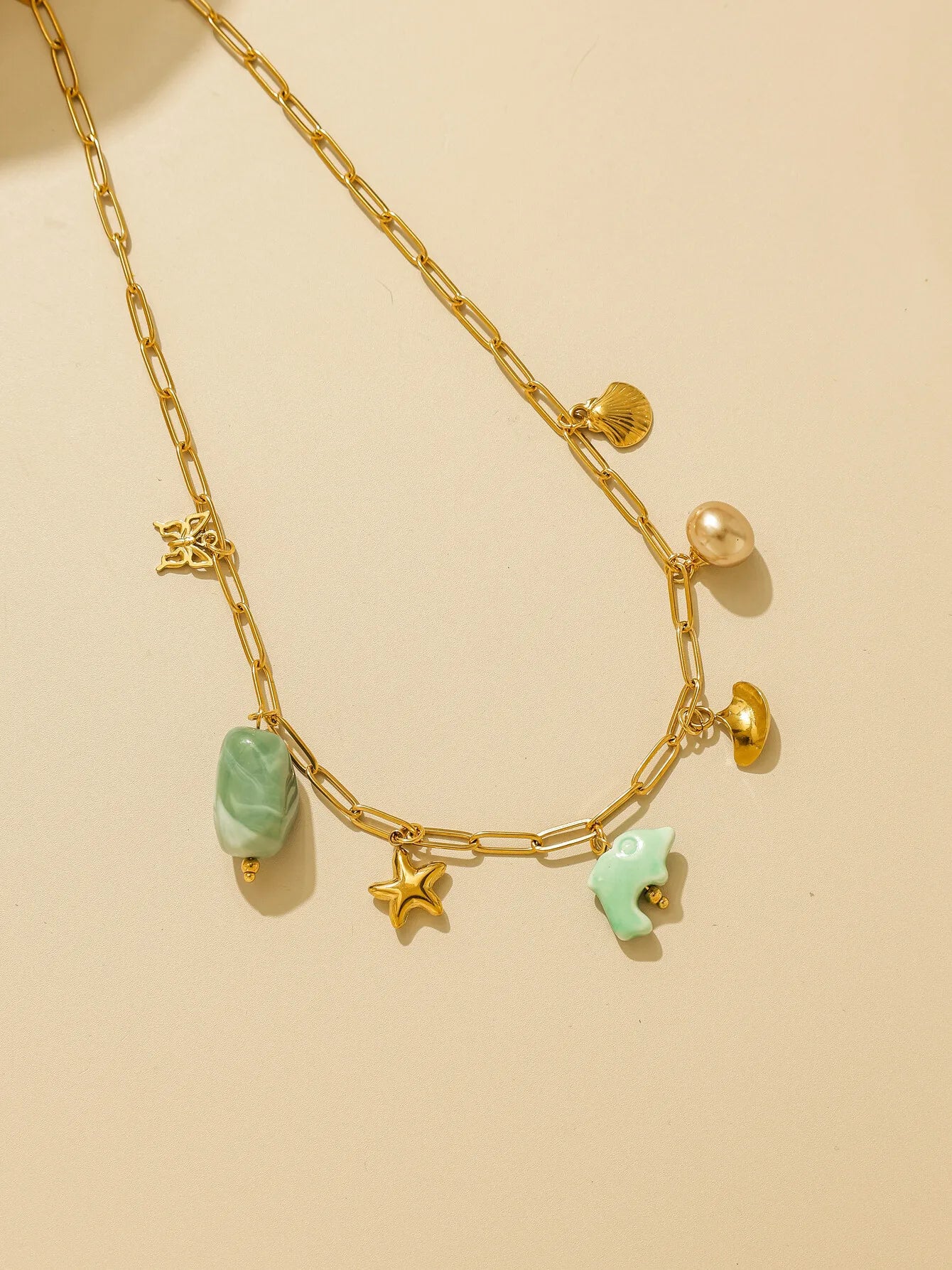 Geometric Pearl Five Point Star Necklace Green Ceramic Stone With Stainless Steel Chain Unisex Fashion Gift ✨💚