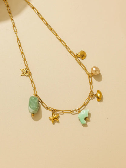 Geometric Pearl Five Point Star Necklace Green Ceramic Stone With Stainless Steel Chain Unisex Fashion Gift ✨💚