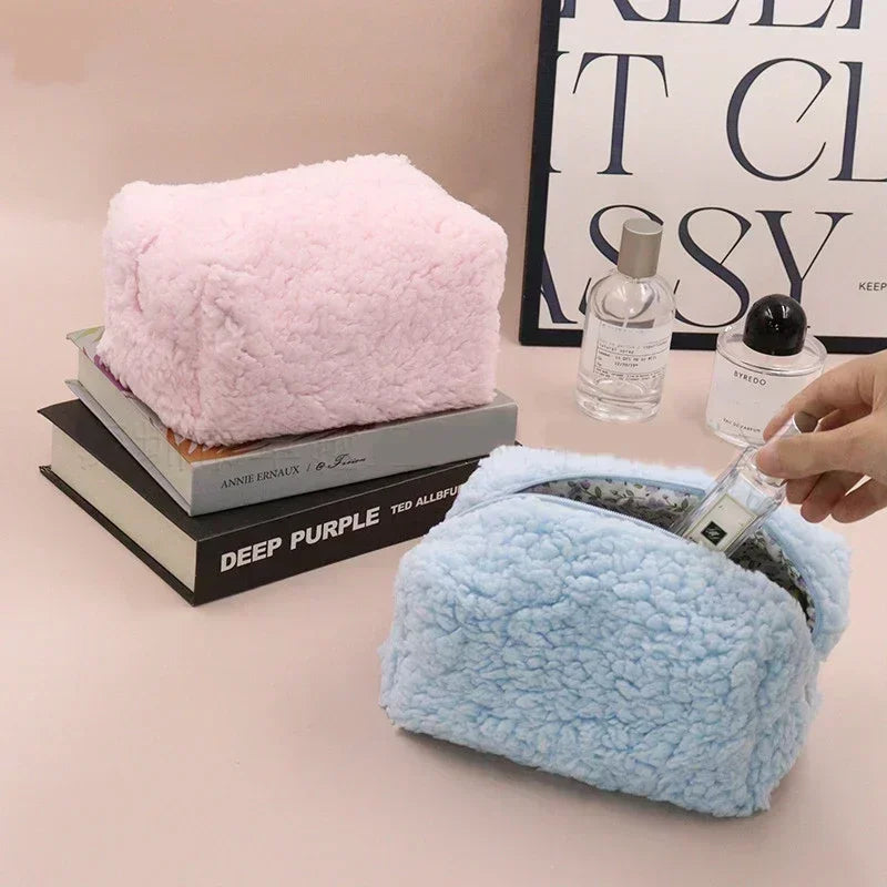 Kawaii Lambswool Plush Makeup Organizer 🐑✨ | Adorable Cosmetic Bag & Travel Pouch 🎀💖