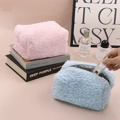 Kawaii Lambswool Plush Makeup Organizer 🐑✨ | Adorable Cosmetic Bag & Travel Pouch 🎀💖