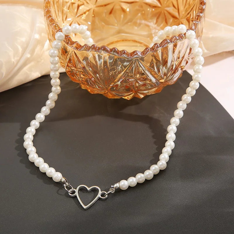 Kawaii Vintage Heart Pendant Necklace 💖✨ - Trendy Pearl & Link Chain Jewelry for Women 🎀 Perfect Gift!