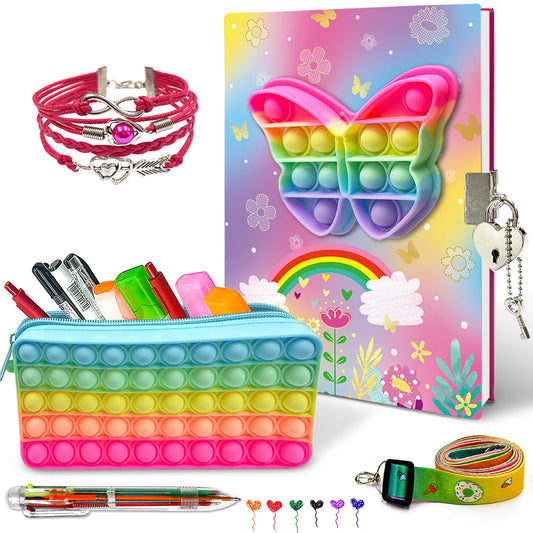 Kawaii Pop Fidget Journal Set 🎀✨ - Lockable Butterfly Diary, Colorful Pens, Adorable Pencil Case & Fashion Bracelet for Creative Kids! 🦋🖊️