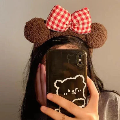 Kawaii Bear Ear Headband 🐻✨ | Cute Bowknot Hairband for Winter | Plush Cartoon Face Wash Hair Hoop for Girls 🎀