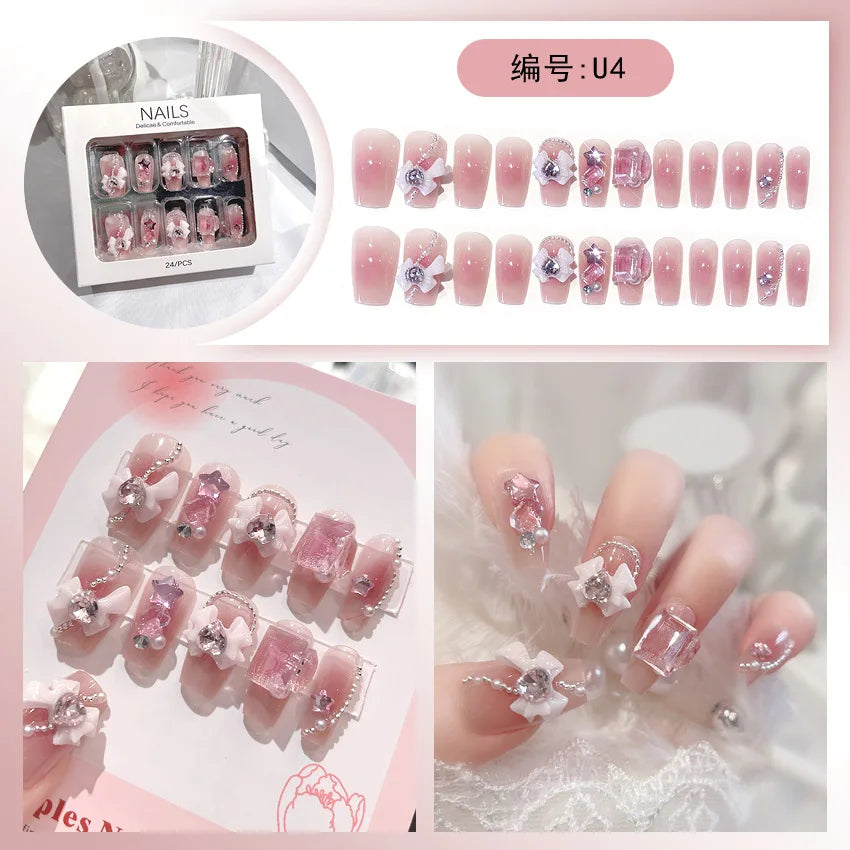 Kawaii Blush Pink 3D Bowknot & Pearl Press-On Nails 💖✨ | 24pcs Adorable Fake Nail Tips for Cute DIY Manicures!