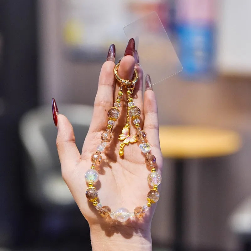 Crystal Phone Chain With Butterfly Pendant, Sweet Gold Bead Wrist Strap 💎🦋