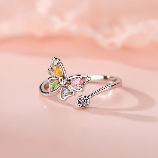 Kawaii Adjustable 925 Sterling Silver Butterfly Ring 🦋✨ | Dazzling Zircon & Fine Jewelry Gift for Her! 🎁💖