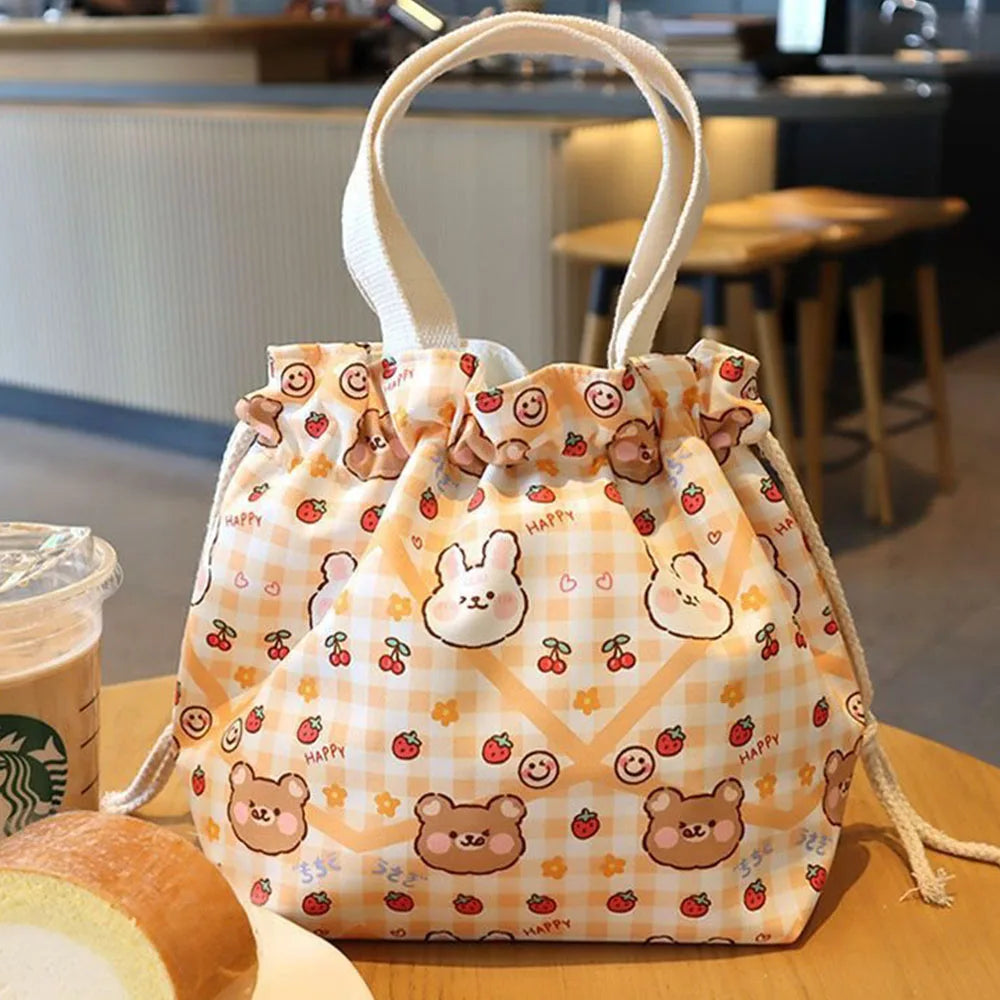 Kawaii Canvas Lunch Bag 🌸🌼 Cute Cartoon Flowers & Animals 🌈 Perfect for School & Picnics 🎒✨