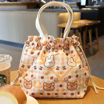 Kawaii Canvas Lunch Bag 🌸🌼 Cute Cartoon Flowers & Animals 🌈 Perfect for School & Picnics 🎒✨