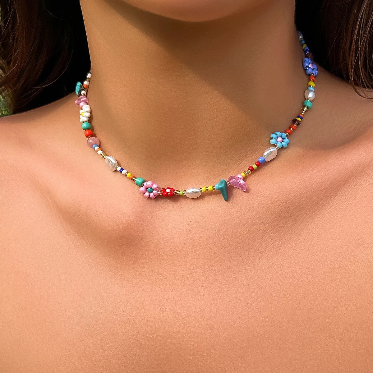 Kawaii Rainbow Baroque Pearl Choker 🌈✨ | Handmade Seed Bead Floral Necklace for Trendy Women 🌸💖