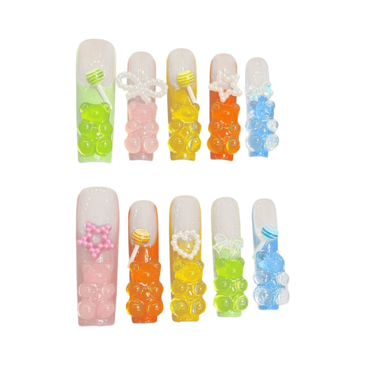 ✨ Adorable Candy Bear Bow Nails | Full Cover Kawaii Press-Ons for Whimsical Glam 💖