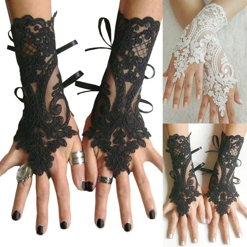 Wedding Fingerless Lace Gloves White Black Glam Party Accessory 💖✨