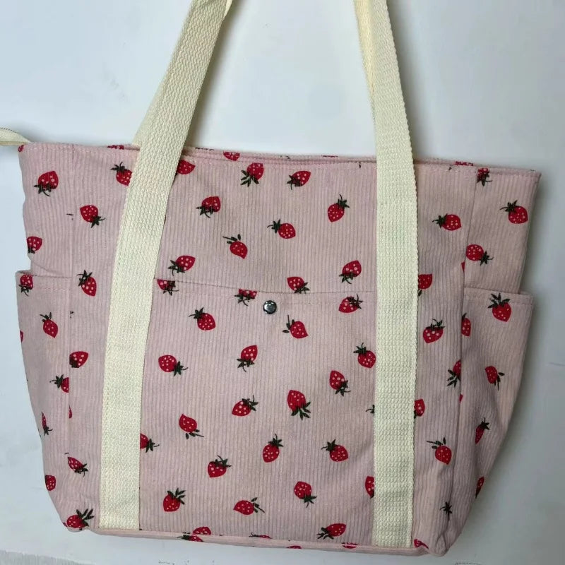 🍓 Adorable Strawberry Corduroy Shoulder Bag 🎒 Stylish & Spacious Classroom Tote! 🌸 - Pixie Quill