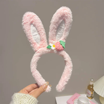 Kawaii Plush Strawberry Rabbit Ear Headband 🌸💖 Cute Fashion Accessory for Women & Girls – Perfect for Parties & Face Washing!